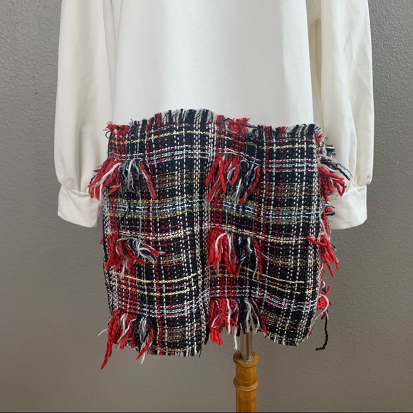 Zara cream and red tweed fringe sweatshirt dress - Picture 3 of 11
